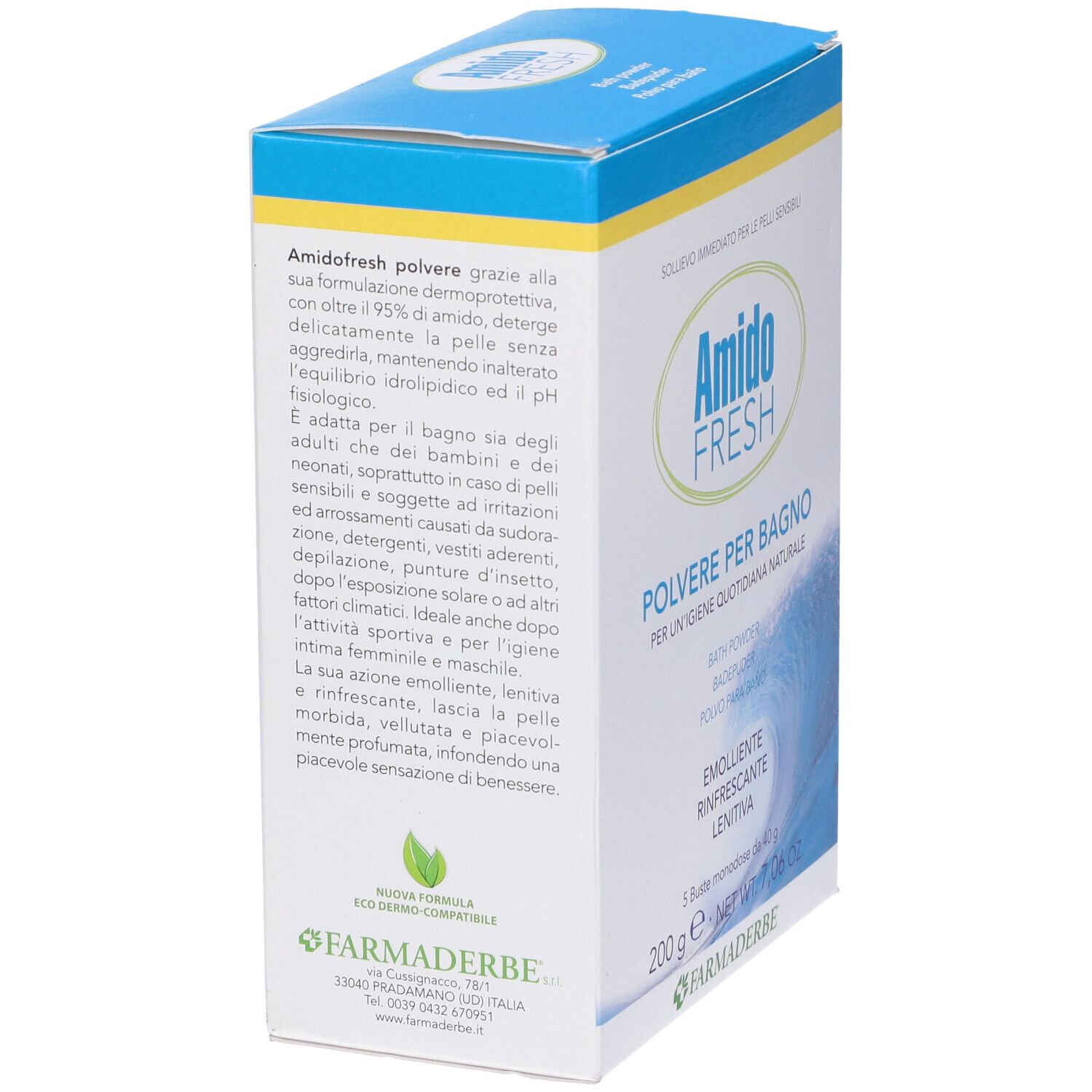 Scatola con informazioni prodotto. Testo in italiano. Amido Fresh Polvere Bagno. Logo foglia verde. 200g.