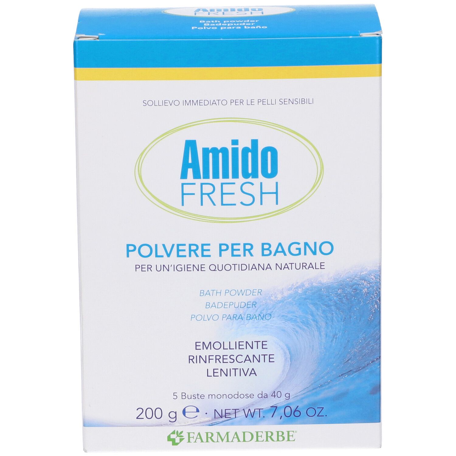 Scatola Amido Fresh Polvere Bagno. Confezione blu e bianca con nome prodotto e onda. 5 bustine.