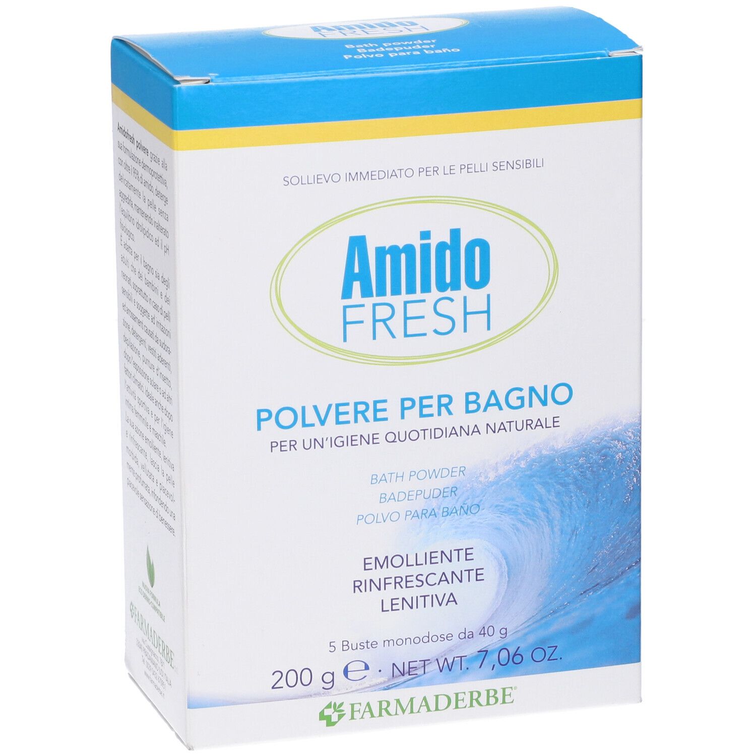 Scatola Amido Fresh Polvere Bagno. Confezione blu e bianca con nome prodotto e onda. 5 bustine.