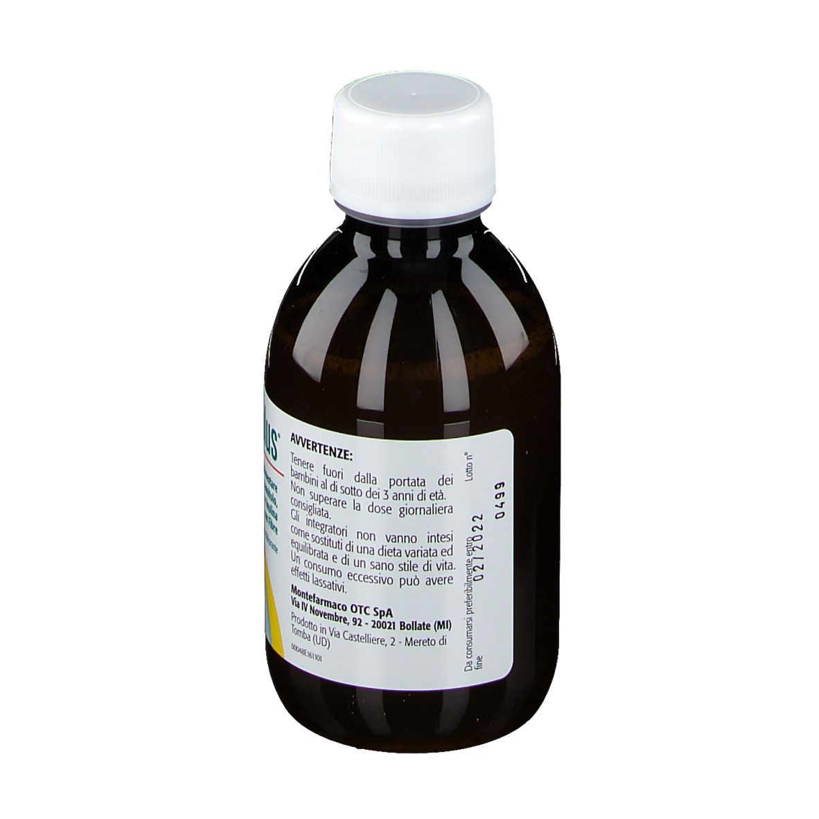 Vista posteriore di un flacone marrone con tappo bianco. Etichetta con informazioni sul prodotto e avvertenze.