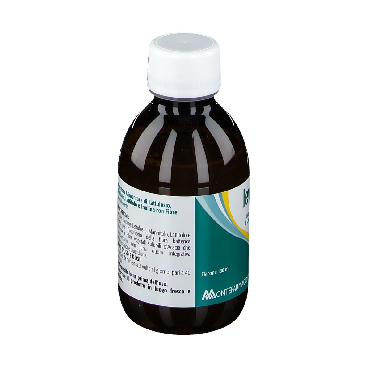 Flacone marrone con tappo bianco. Scritta: levoplus. Etichetta con informazioni sul prodotto e marchio Montefarmaco OTC.