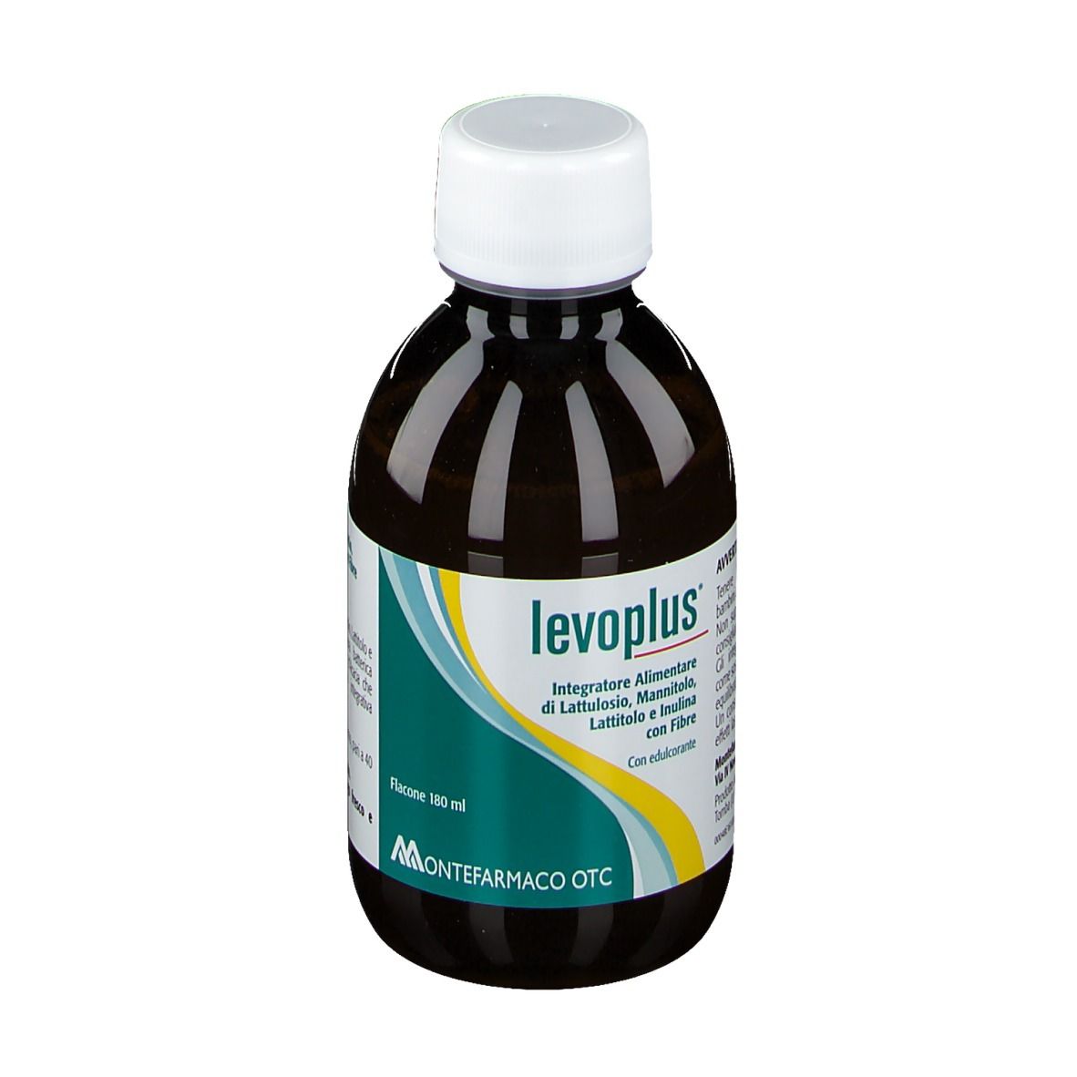 Flacone marrone con tappo bianco. Scritta: levoplus. Etichetta con informazioni sul prodotto e marchio Montefarmaco OTC.