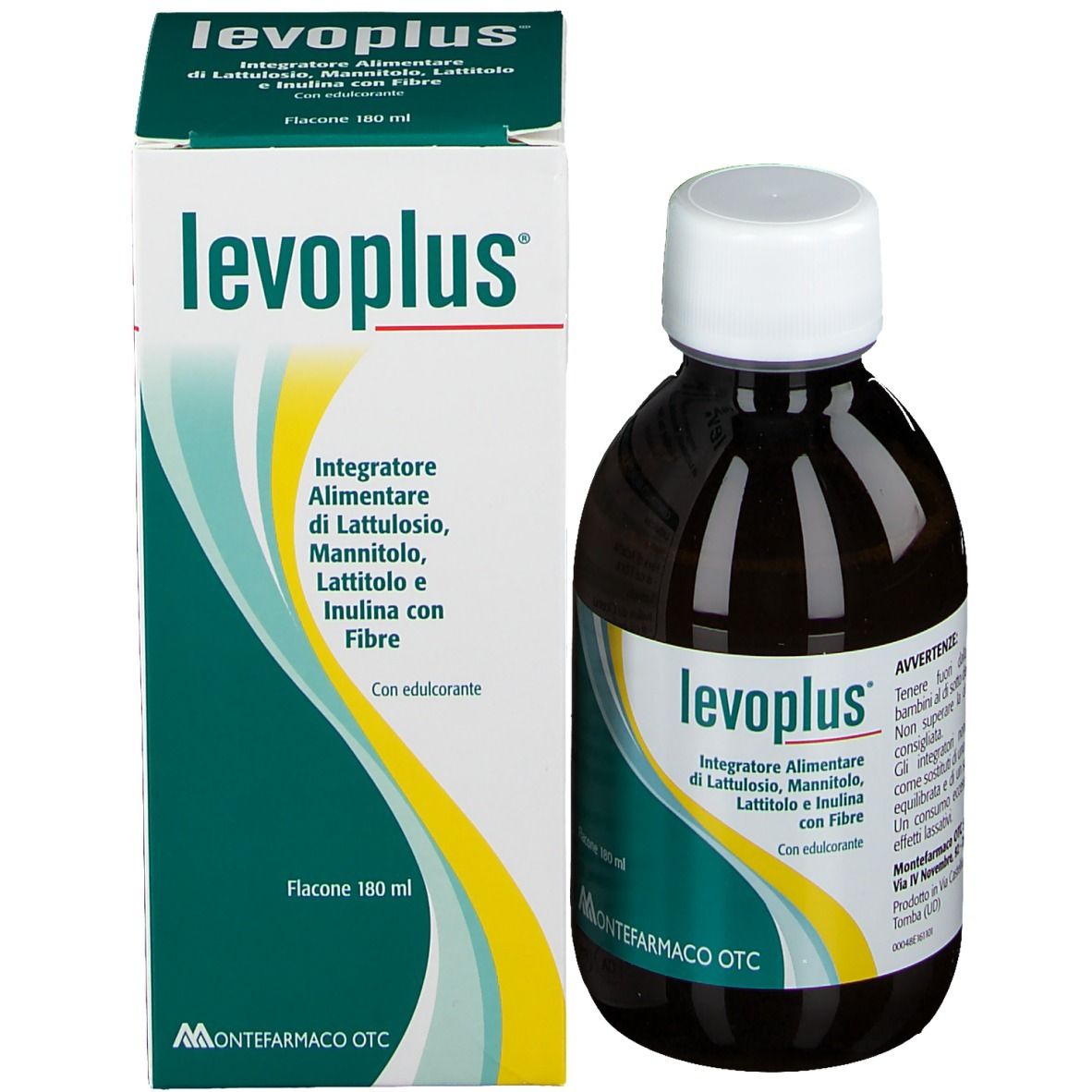 Prodotto Levoplus® con confezione. Flacone e scatola con informazioni sul prodotto e marchio Montefarmaco OTC.