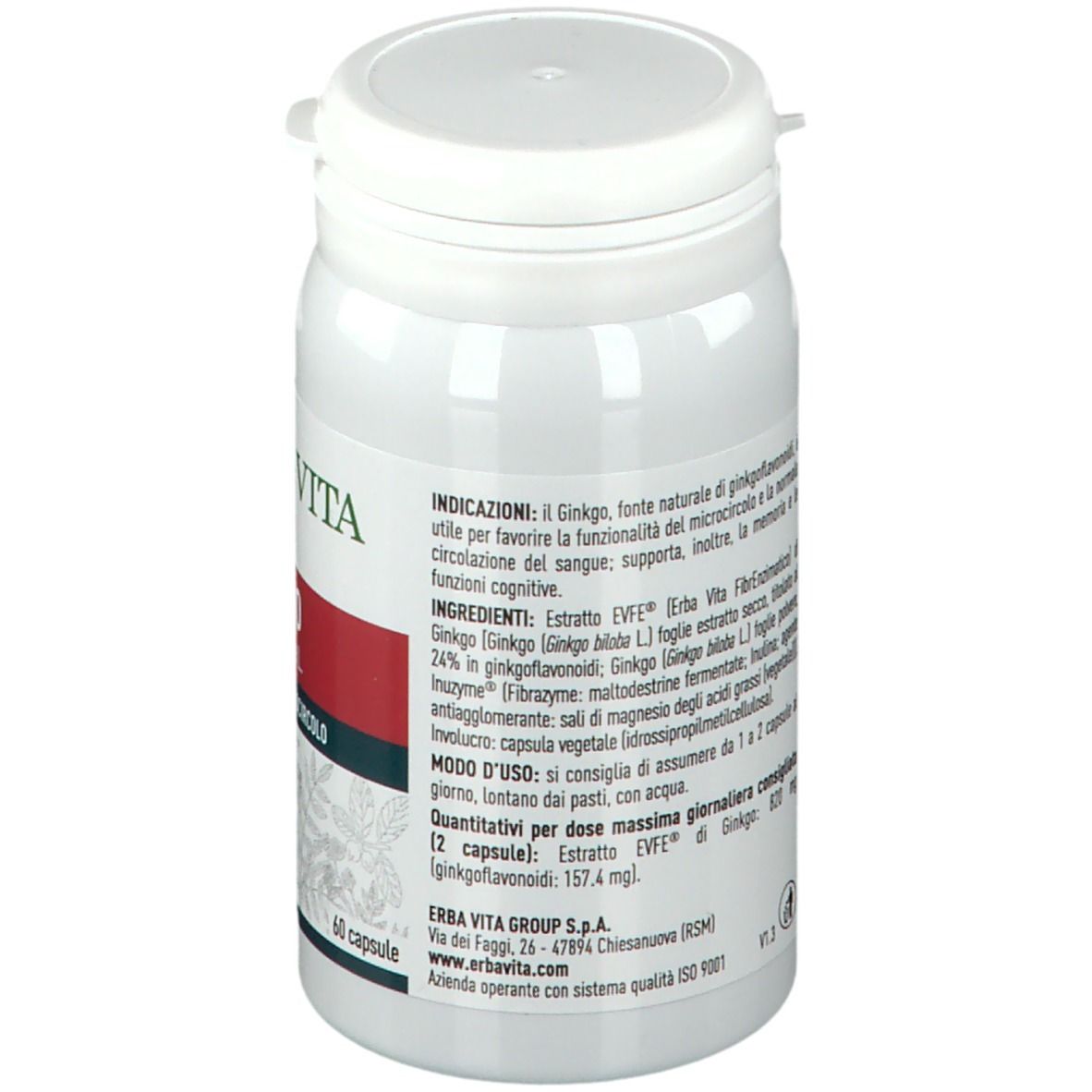 Flacone bianco con etichetta rossa. Testo: ERBA VITA, ingredienti, modo d'uso. 60 capsule. Vegetariano. ISO 9001.