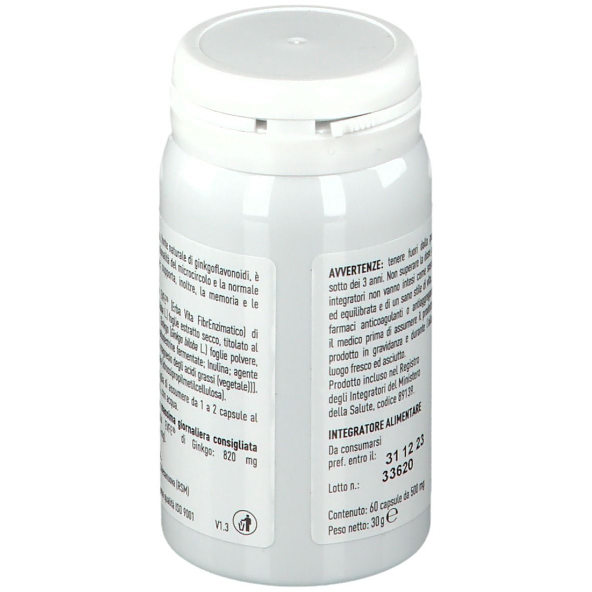 Flacone bianco con etichetta rossa. Testo: ERBA VITA, avvertenze, data di scadenza. 60 capsule. Vegetariano. ISO 9001.