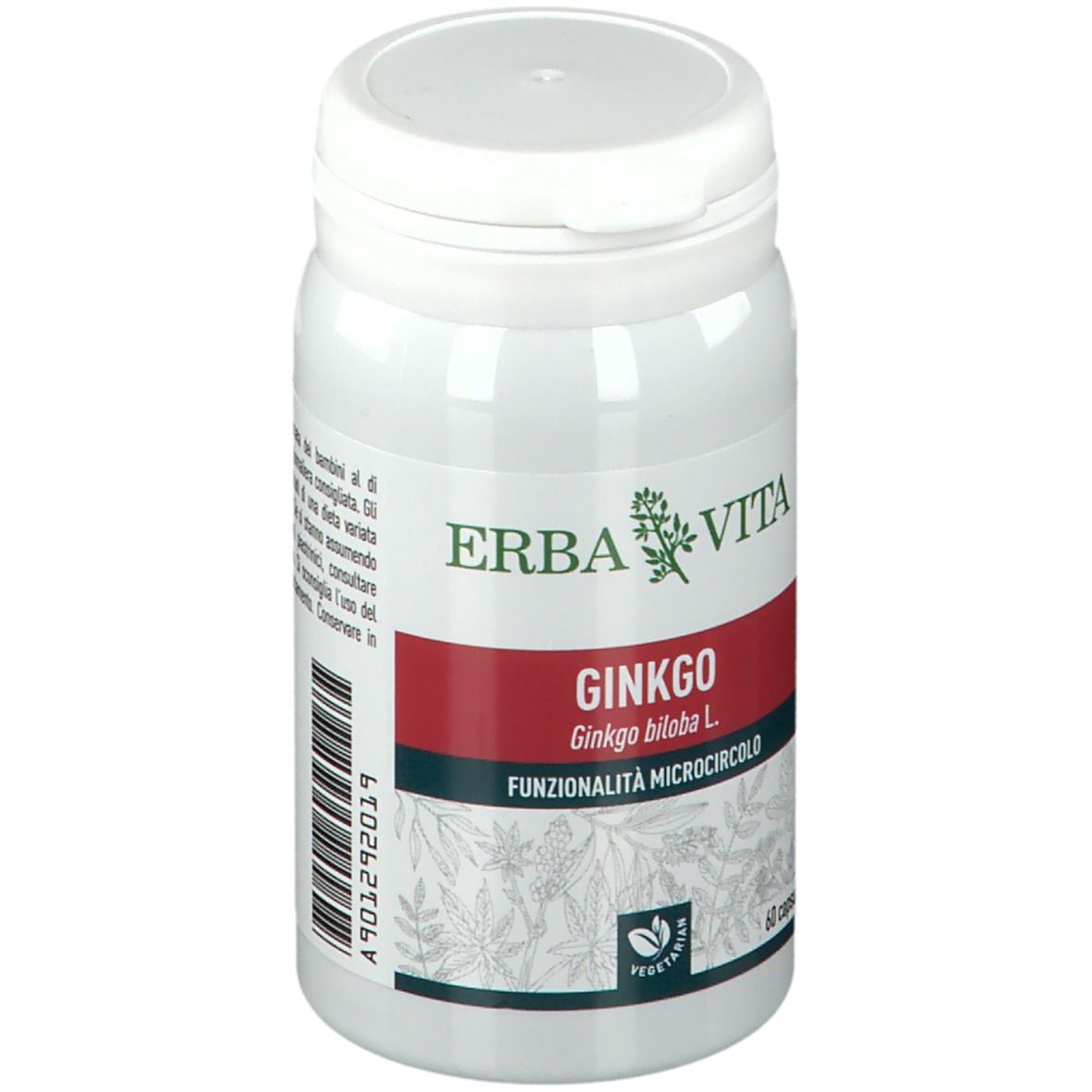 Flacone bianco con etichetta rossa. Scritta: ERBA VITA, GINKGO, Funzionalità Microcircolo. 60 capsule. Vegetariano.
