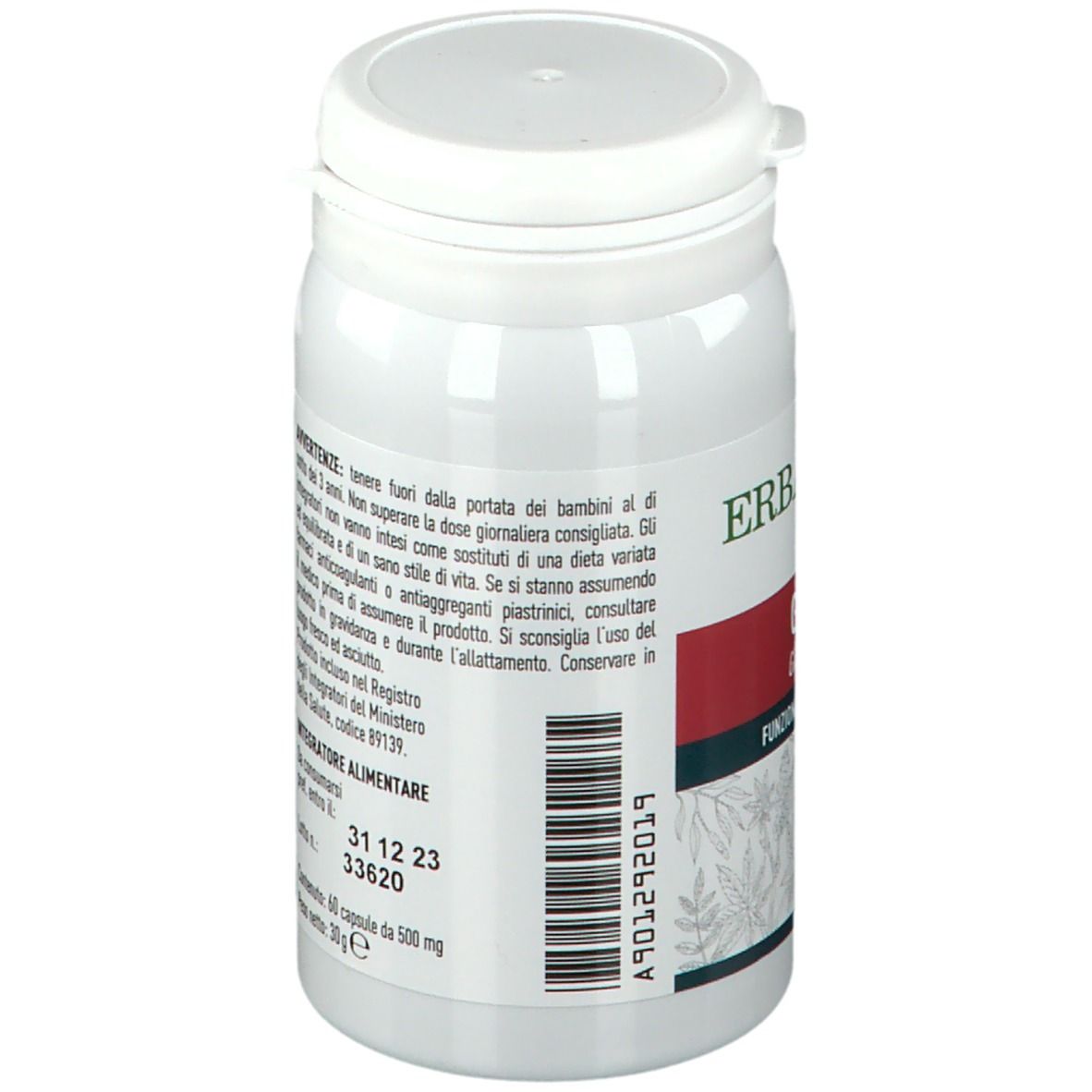 Flacone bianco con etichetta rossa. Testo: ERBA VITA, avvertenze, data di scadenza. 60 capsule. Vegetariano. ISO 9001.