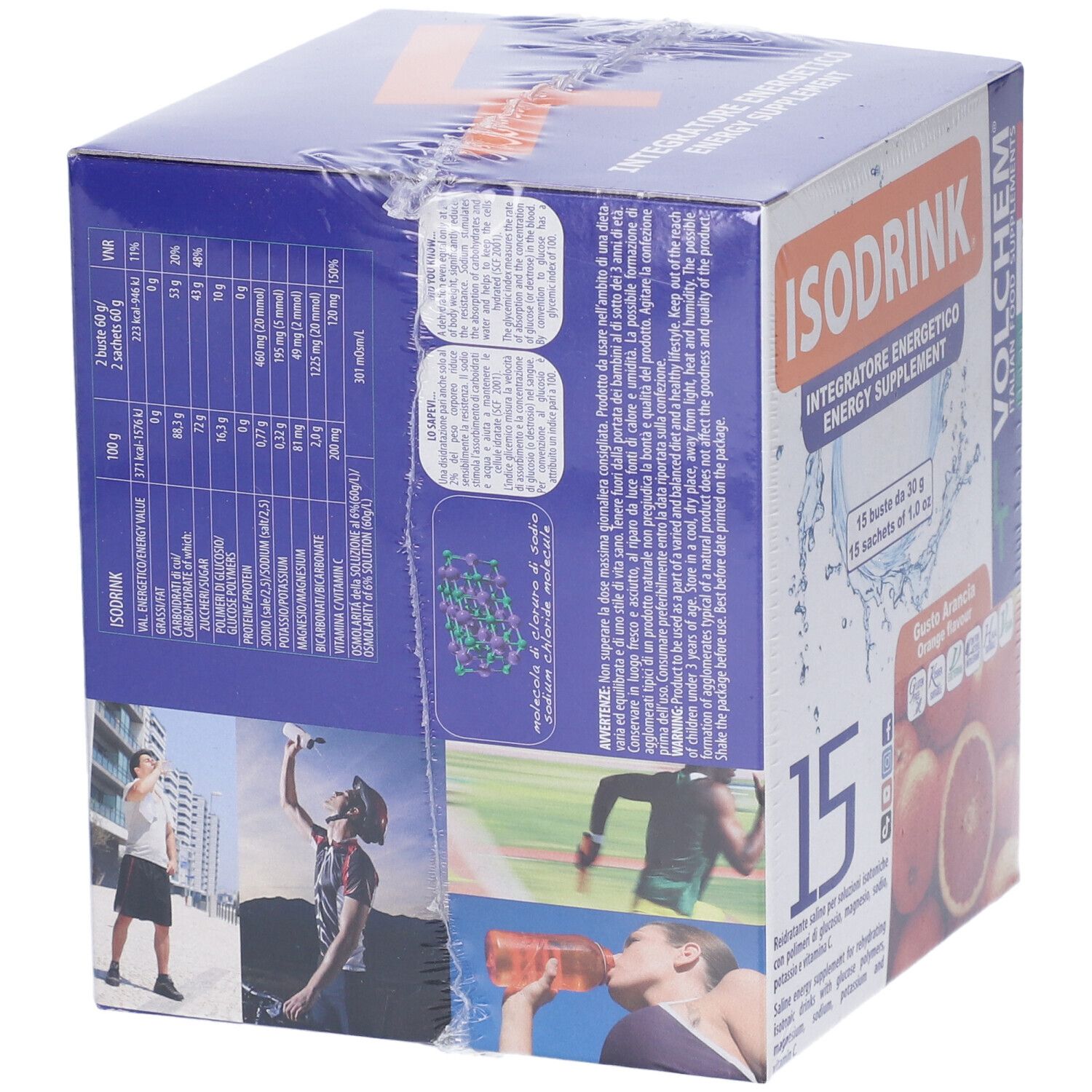 Confezione di VOLCHEM Isodrink. Retro con informazioni nutrizionali e immagini di atleti. Scritta: ISODRINK, Energy Supplement.
