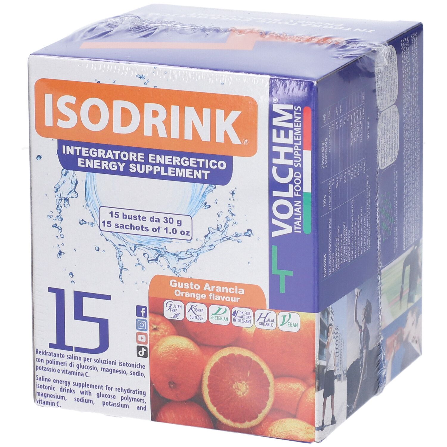 Confezione di VOLCHEM Isodrink, 15 bustine, gusto arancia. Scritta: ISODRINK, Energy Supplement. Immagine di arance.