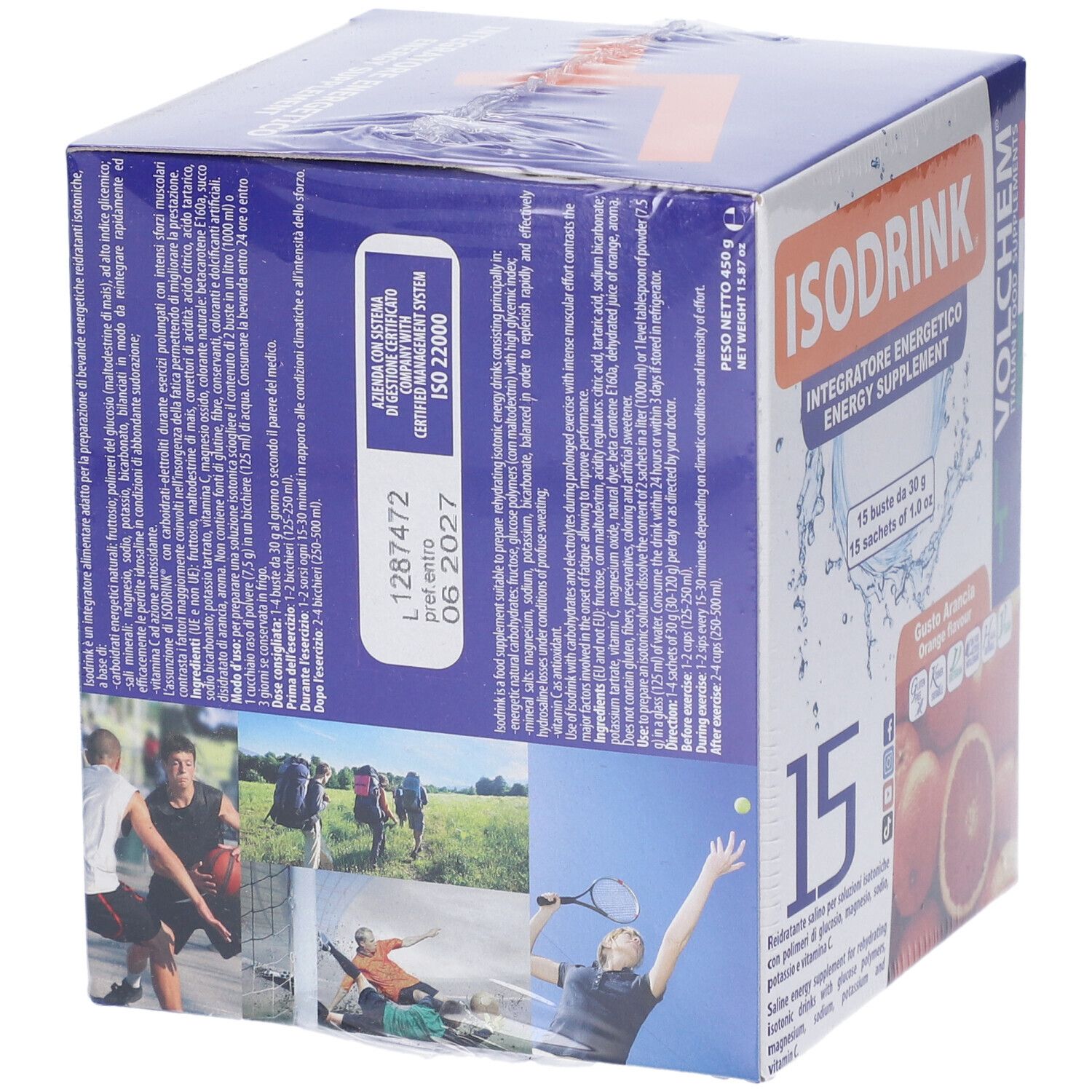 Confezione di VOLCHEM Isodrink. Retro con informazioni e immagini di atleti. Scritta: ISODRINK, Energy Supplement. Certificazione ISO 22000.