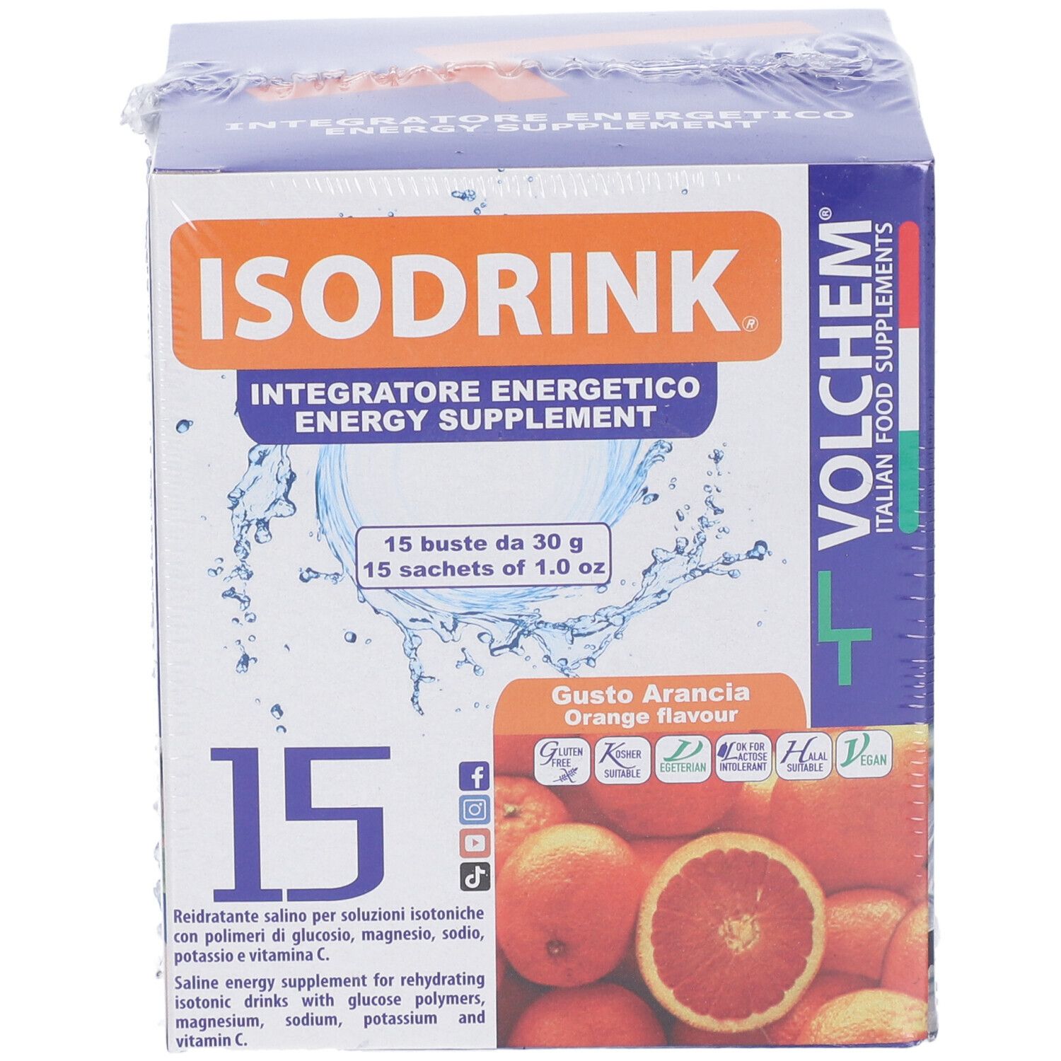 Confezione di VOLCHEM Isodrink, 15 bustine, gusto arancia. Scritta: ISODRINK, Energy Supplement. Immagine di arance.