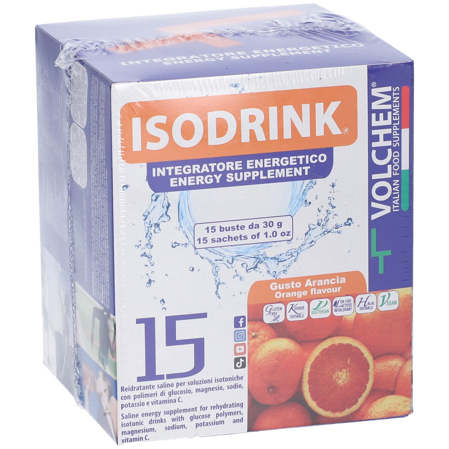 Confezione di VOLCHEM Isodrink. Scritta: ISODRINK, Energy Supplement. Immagine di arance. Marchio VOLCHEM.