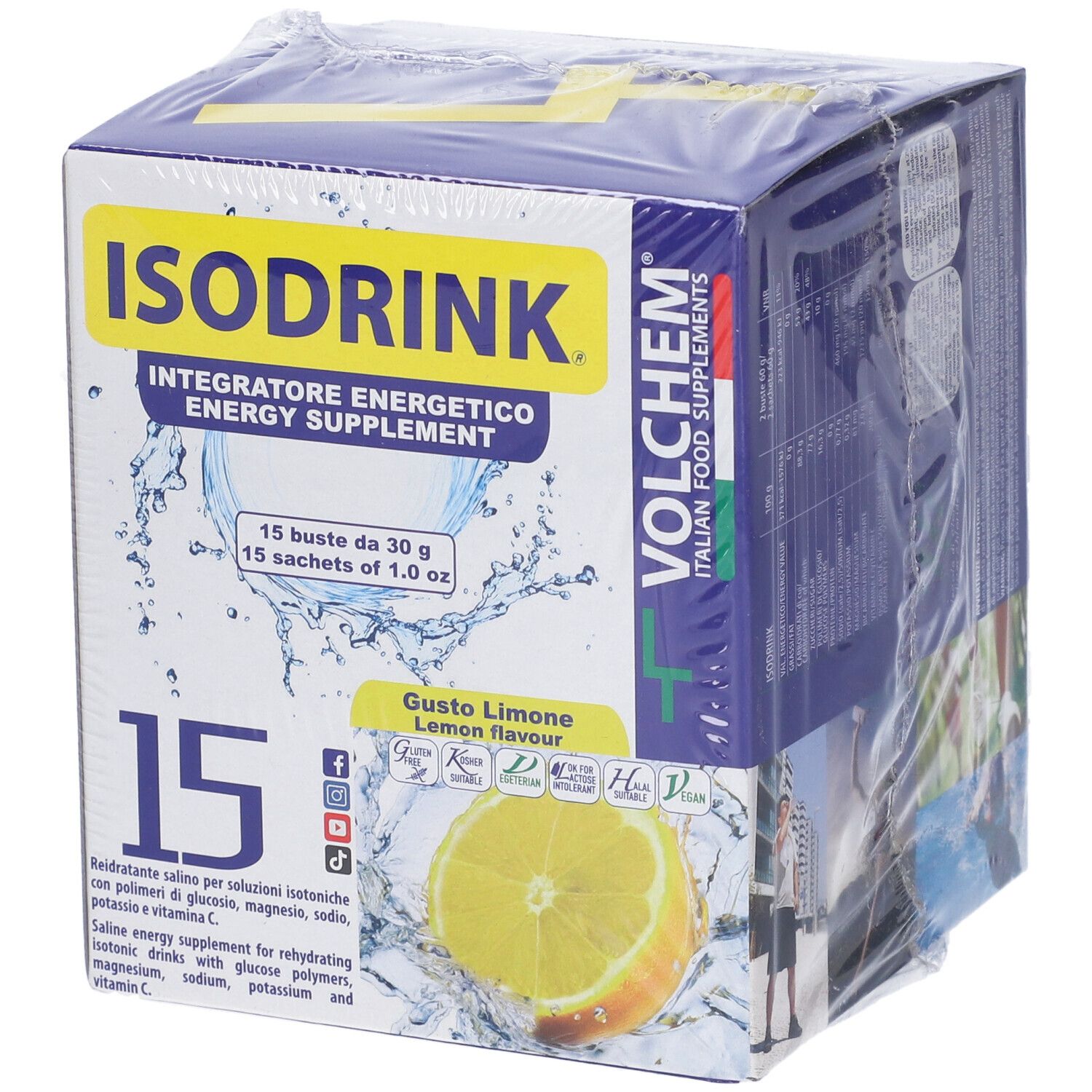 Confezione di Isodrink, 15 bustine, gusto limone. Marchio Volchem. Integratore energetico.