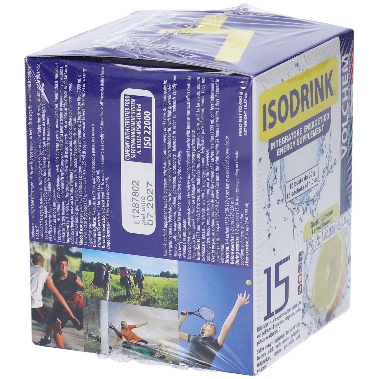 Retro della confezione di Isodrink. Contiene informazioni su ingredienti e valori nutrizionali. Marchio Volchem.