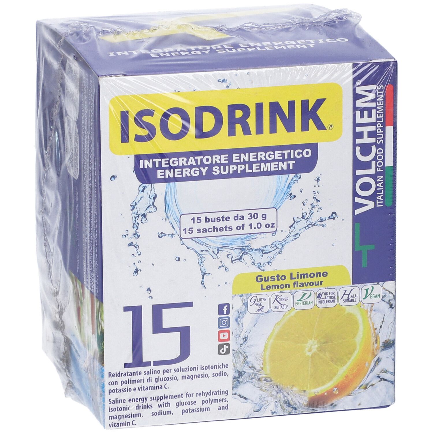 Confezione di Isodrink, 15 bustine, gusto limone. Marchio Volchem. Integratore energetico.