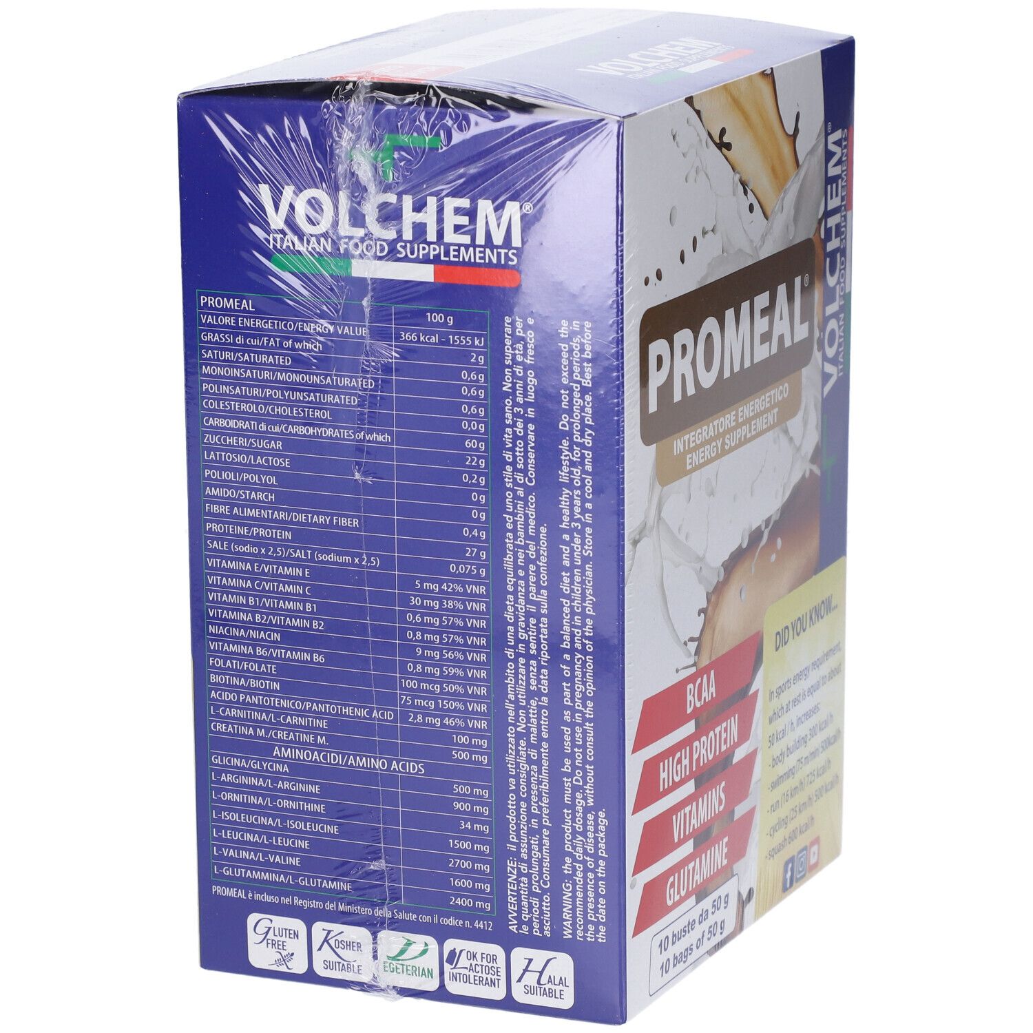 Retro della confezione VOLCHEM Promeal. Contiene informazioni nutrizionali, ingredienti e certificazioni. Peso netto 500 g. Contiene 10 buste da 50 g.