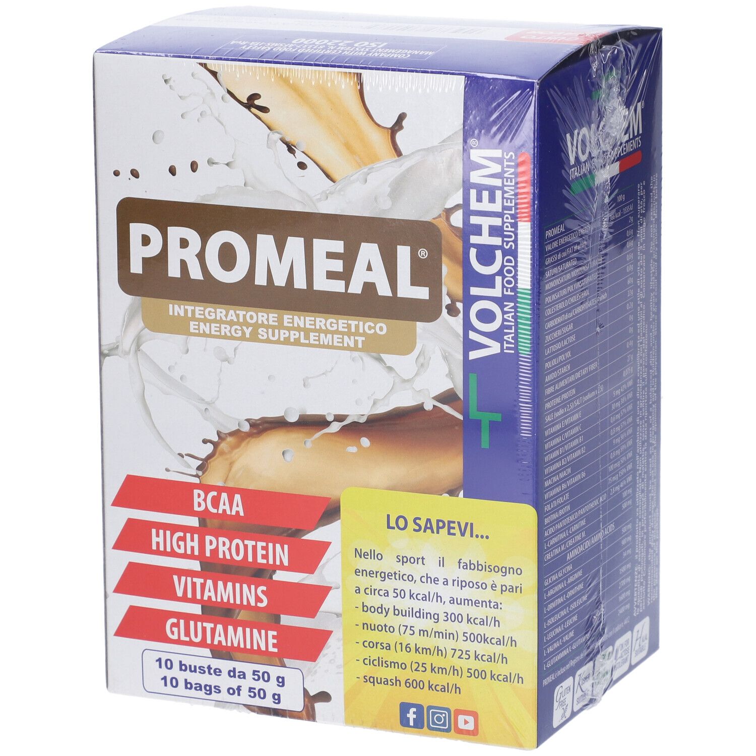 Confezione di VOLCHEM Promeal, con scritta 'PROMEAL' e 'Integratore Energetico'. Contiene 10 buste da 50 g. Contiene BCAA, proteine, vitamine e glutammina.