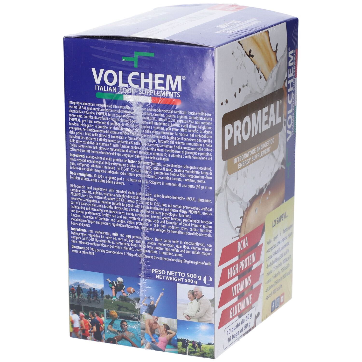 Retro della confezione VOLCHEM Promeal. Contiene informazioni nutrizionali, ingredienti e certificazioni. Peso netto 500 g. Contiene 10 buste da 50 g.