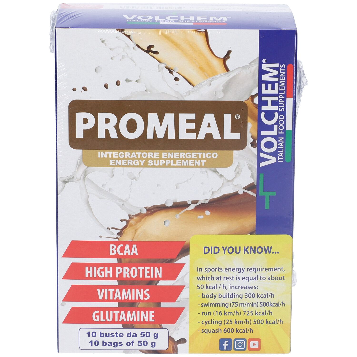 Confezione di VOLCHEM Promeal, con scritta 'PROMEAL' e 'Integratore Energetico'. Contiene 10 buste da 50 g. Contiene BCAA, proteine, vitamine e glutammina.
