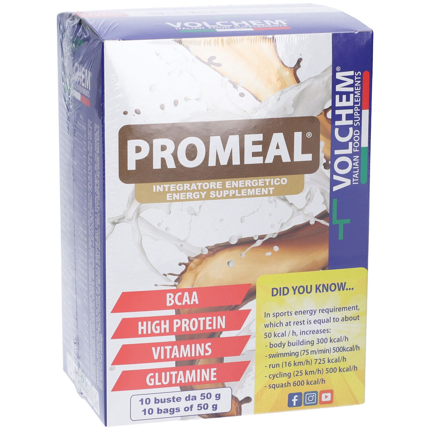 Confezione di VOLCHEM Promeal, con scritta 'PROMEAL' e 'Integratore Energetico'. Contiene 10 buste da 50 g. Contiene BCAA, proteine, vitamine e glutammina.