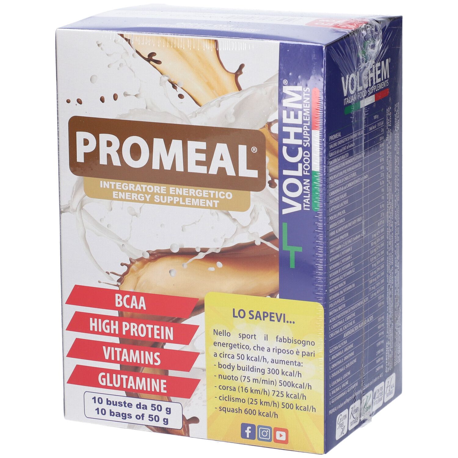 Confezione di VOLCHEM Promeal. Contiene 10 buste da 50 g. Scritte: BCAA, High Protein, Vitamine, Glutammina. Con logo e testo.