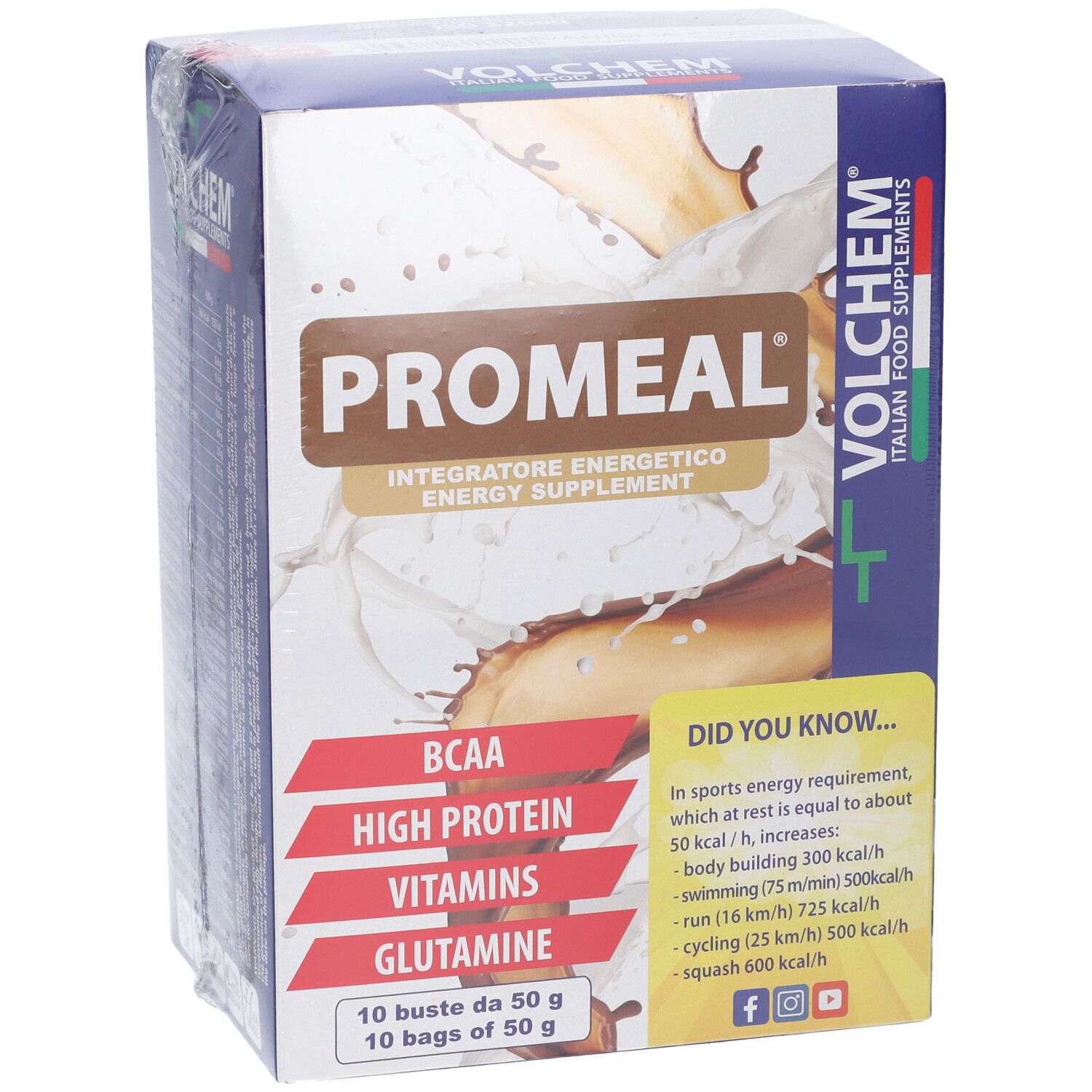 Più confezioni di VOLCHEM Promeal confezionate. Contiene 10 buste da 50 g. Scritte: BCAA, High Protein, Vitamine, Glutammina. Con logo e testo.