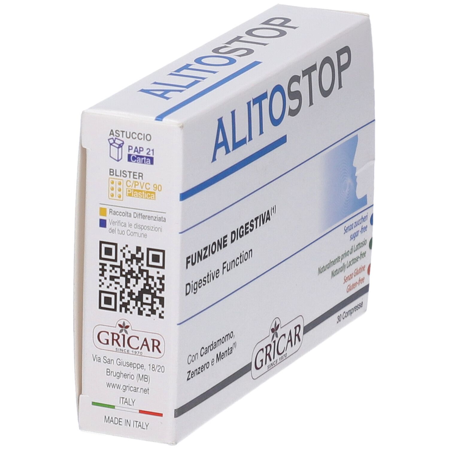 Scatola bianca ALITOSTOP, angolata. Testo: FUNZIONE DIGESTIVA, 30 compresse. Logo GRICAR. Codice QR e indicazioni riciclo.