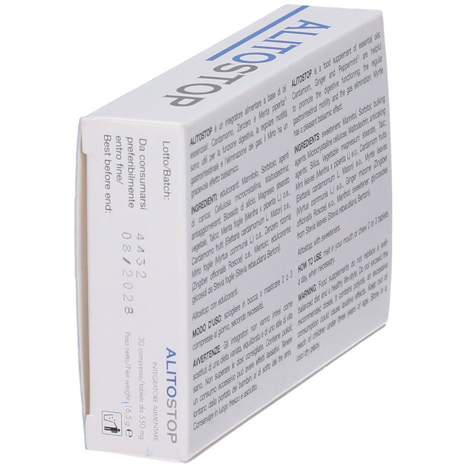 Scatola ALITOSTOP, vista laterale. Testo: ingredienti, data di scadenza, 30 compresse.