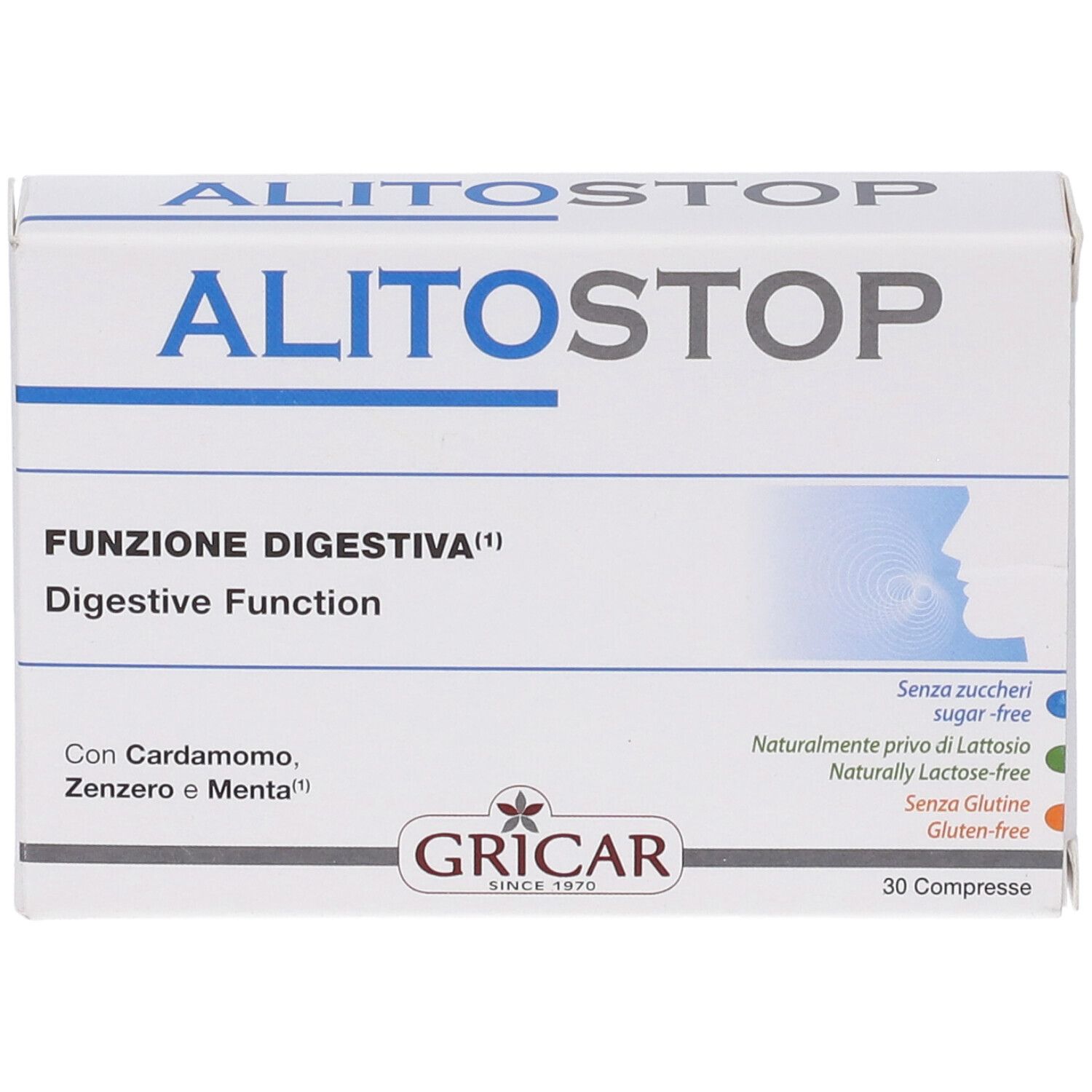Scatola bianca ALITOSTOP con testo blu. FUNZIONE DIGESTIVA, 30 compresse. Logo GRICAR.
