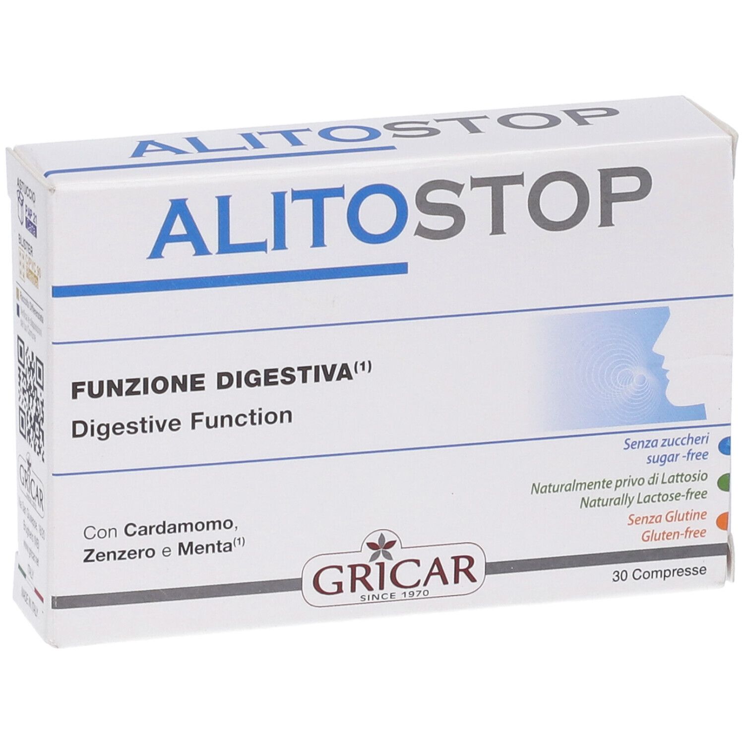 Scatola bianca ALITOSTOP con testo blu. FUNZIONE DIGESTIVA, 30 compresse. Logo GRICAR.