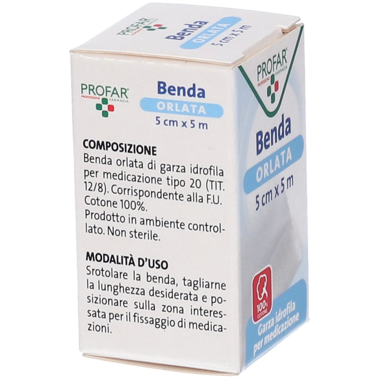 Confezione con informazioni sul prodotto. Testo: Benda Orlata 5 cm x 5 m. 100% cotone. Garza idrofila per medicazione.