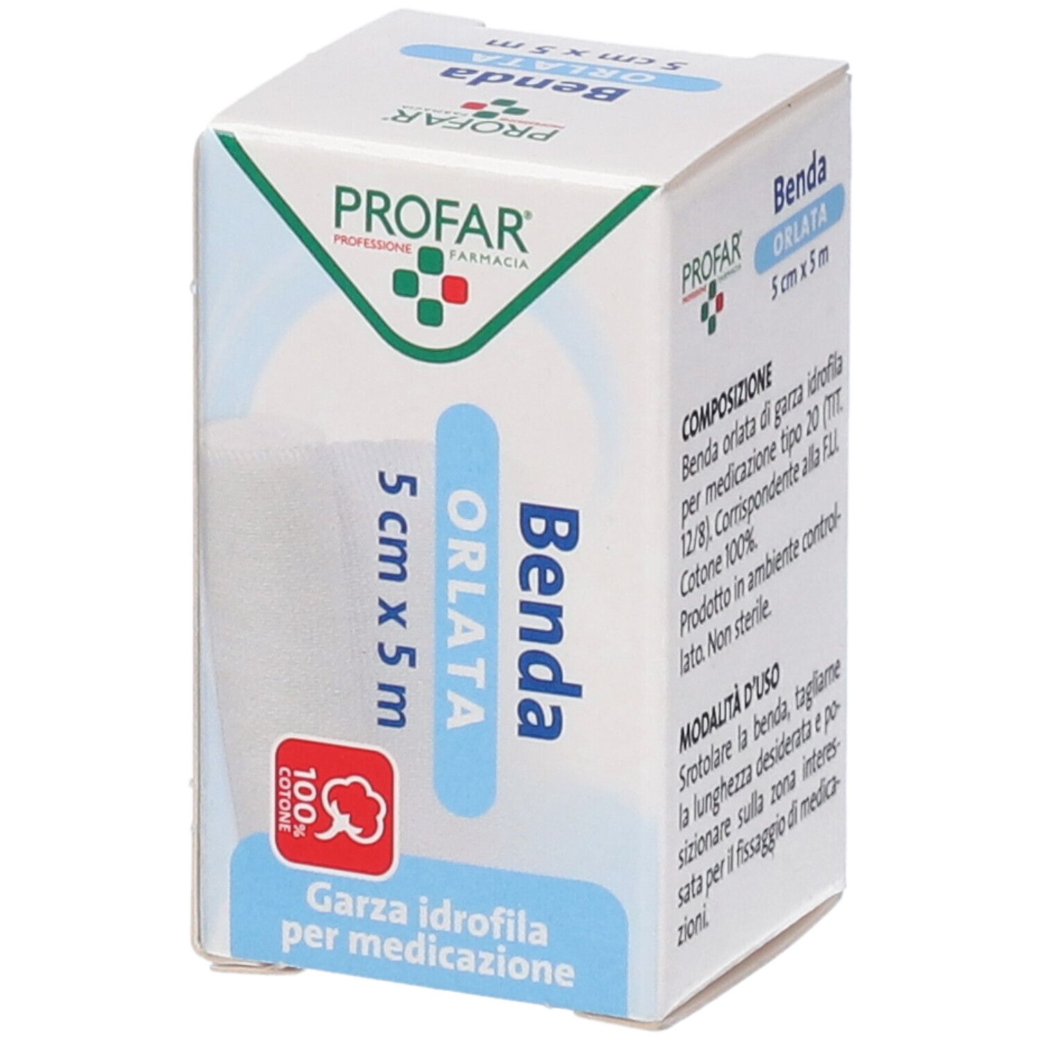 Confezione con nome e dimensioni del prodotto. Logo cotone. Testo: Garza idrofila per medicazione.