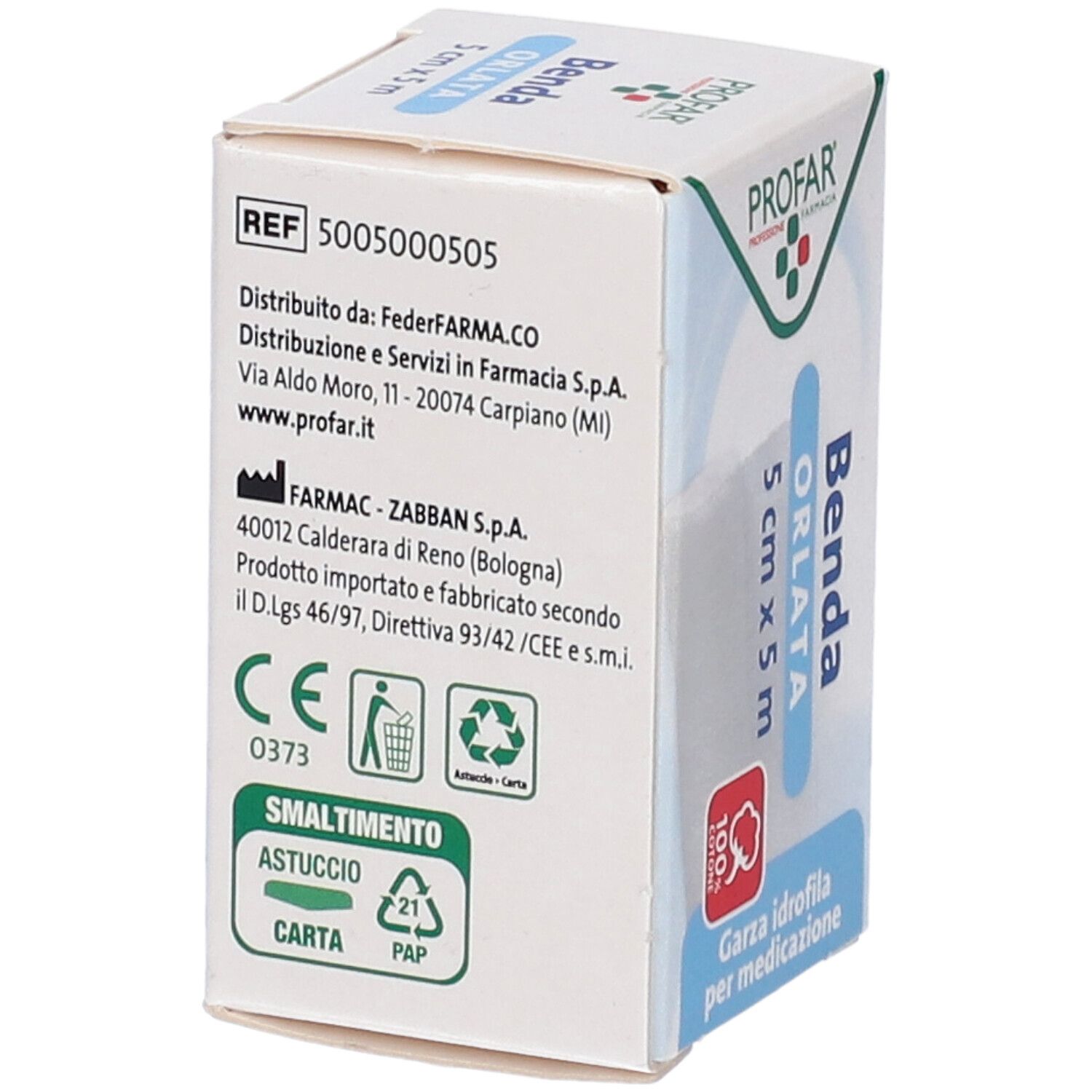 Confezione con informazioni sul prodotto e certificazioni. Testo: Benda Orlata 5 cm x 5 m. Marchio CE.
