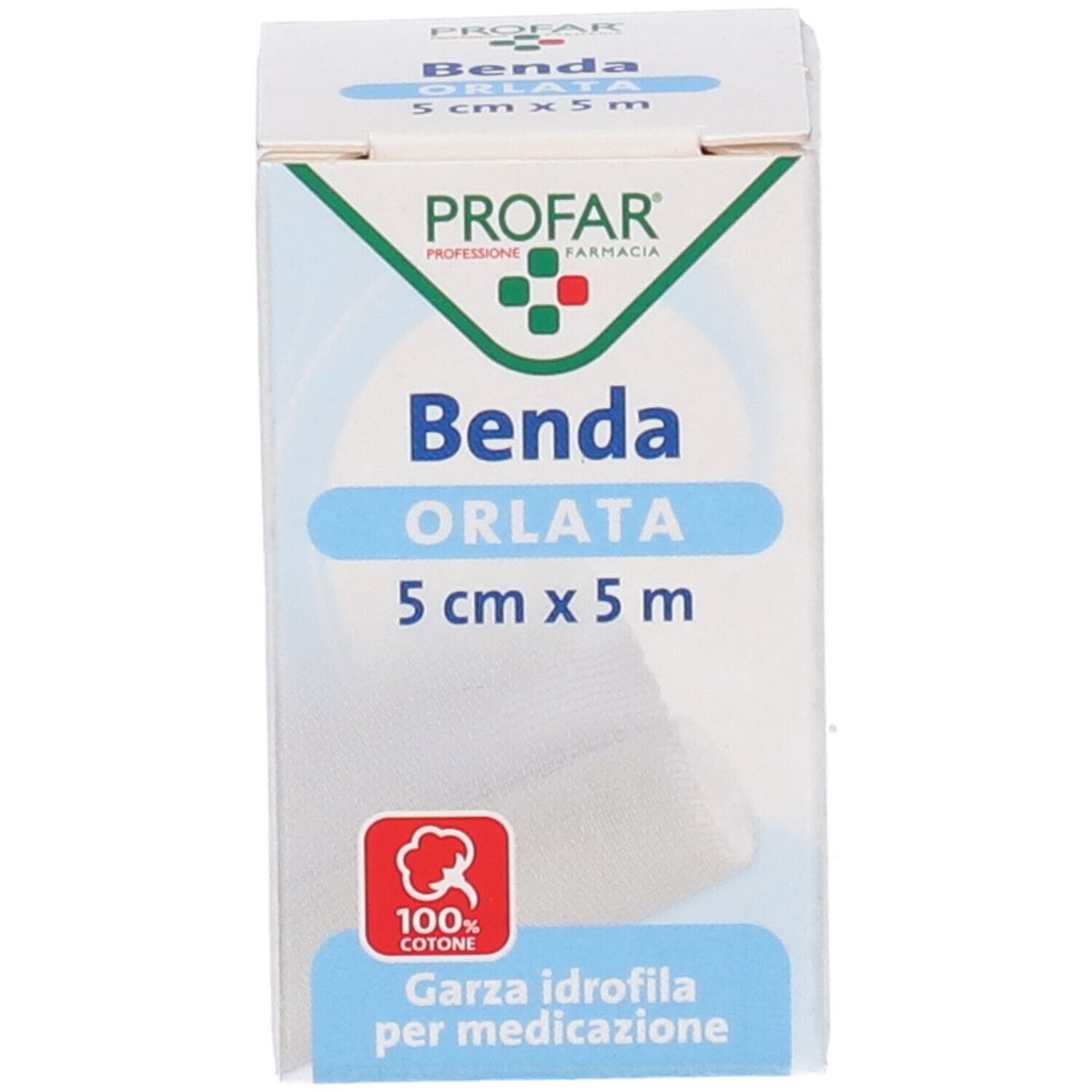 Scatola bendaggio con nome e dimensioni del prodotto. Logo cotone. Testo: Garza idrofila per medicazione.