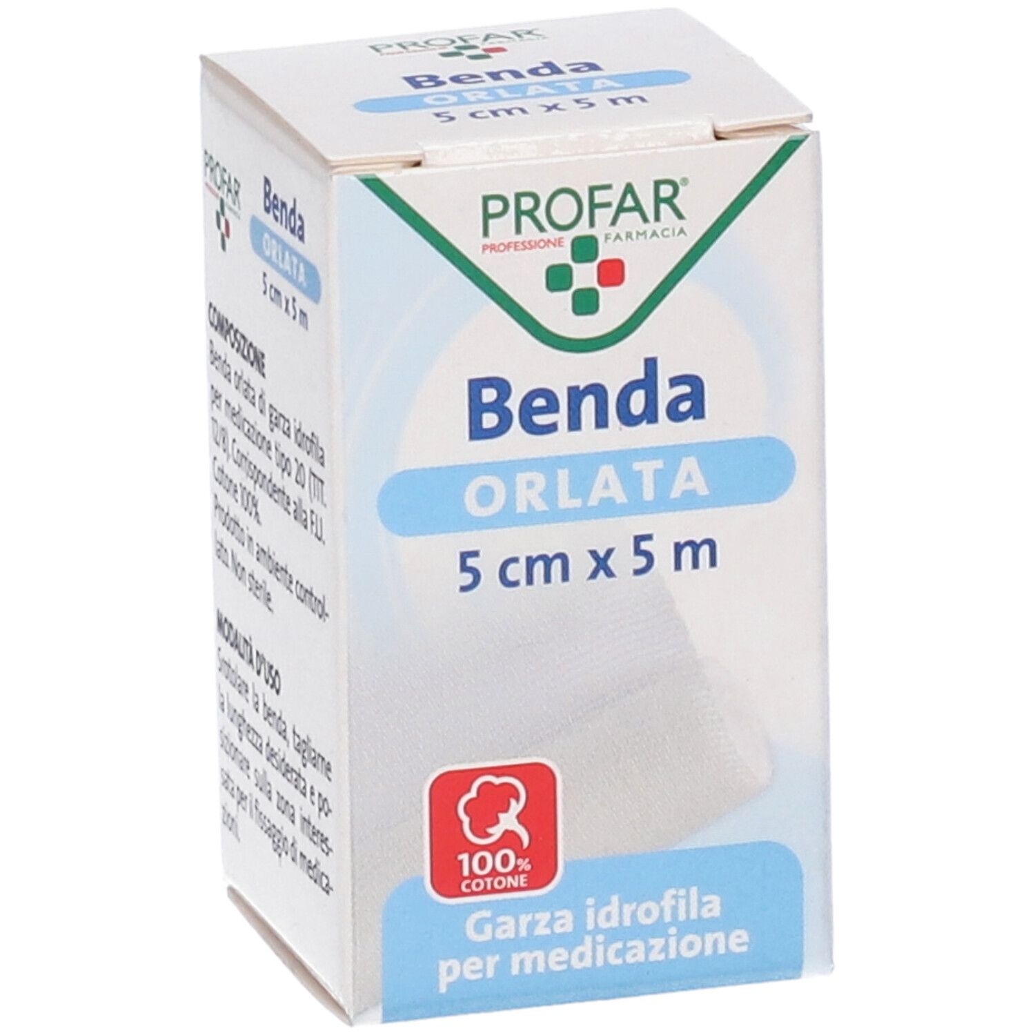 Confezione con informazioni sul prodotto. Testo: Benda Orlata 5 cm x 5 m. 100% cotone. Garza idrofila per medicazione.