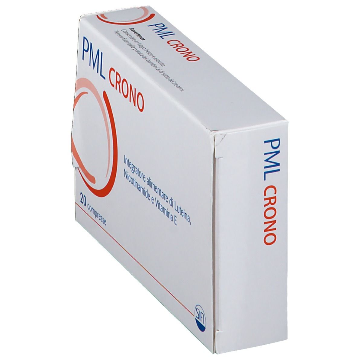Scatola bianca inclinata con cerchio rosso e scritta PML CRONO. Contiene 20 compresse.