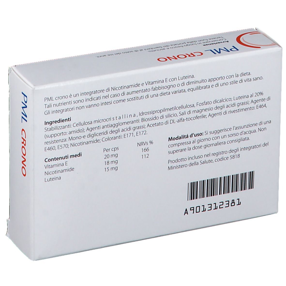 Retro della scatola bianca con testo. Contiene ingredienti, informazioni nutrizionali e istruzioni per l'uso. Marca: PML CRONO.