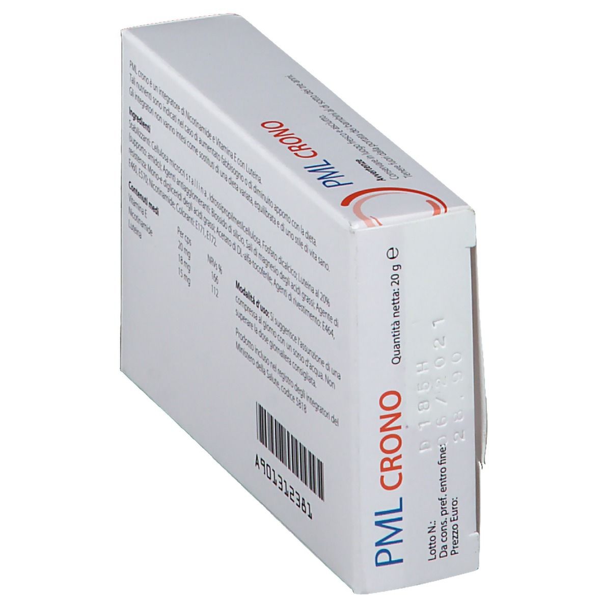 Scatola bianca inclinata con testo e codice a barre. Contiene 20 g. Marca: PML CRONO.