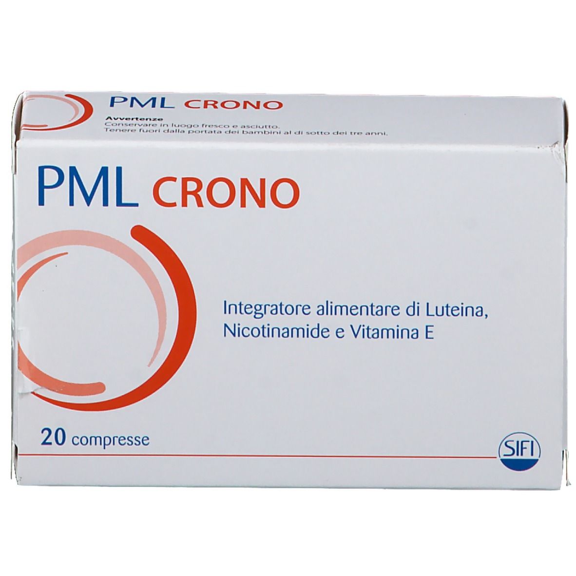 Scatola bianca con cerchio rosso e scritta PML CRONO. Contiene 20 compresse. Testo: Integratore alimentare.