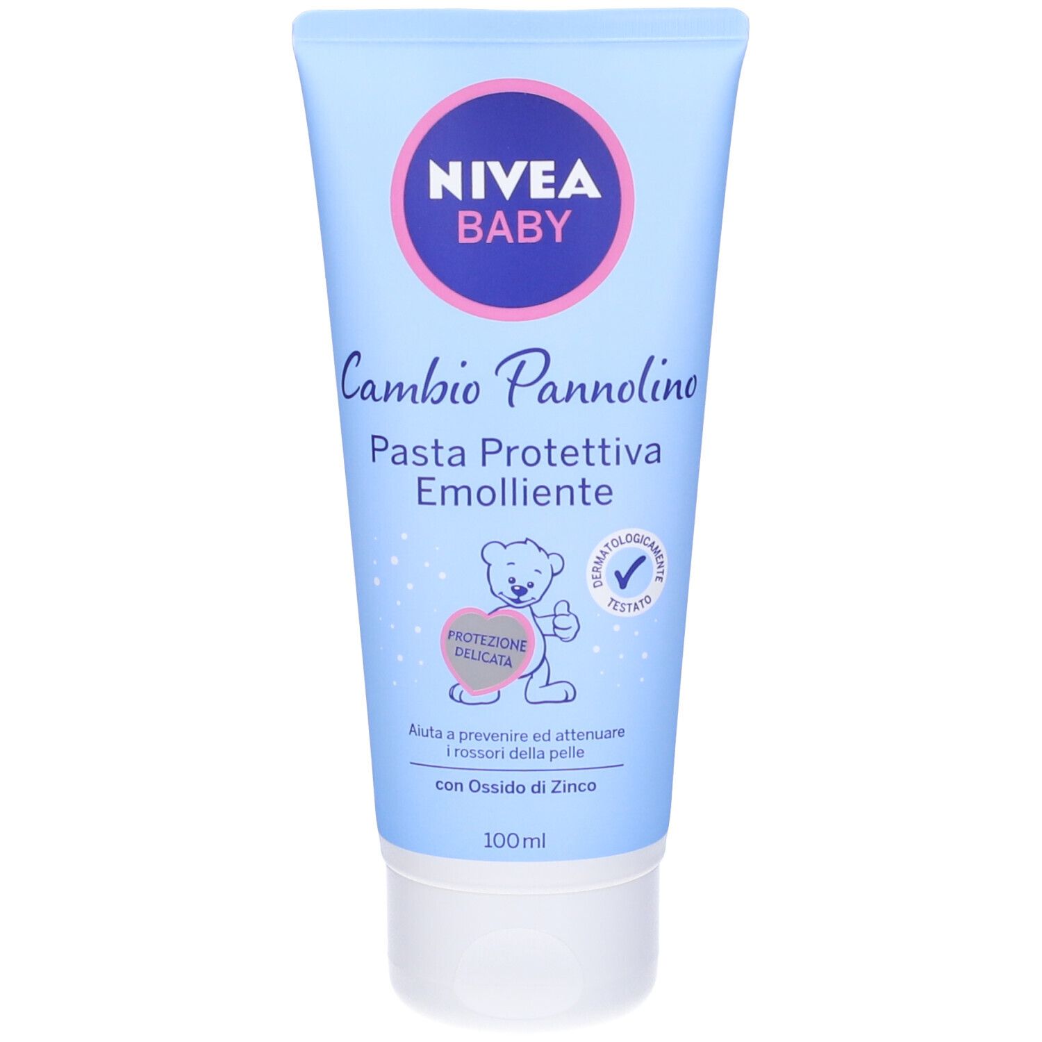 Tubo blu Nivea Baby. Scritta: Cambio Pannolino Pasta Protettiva Emolliente. Illustrazione orsetto e certificazione.