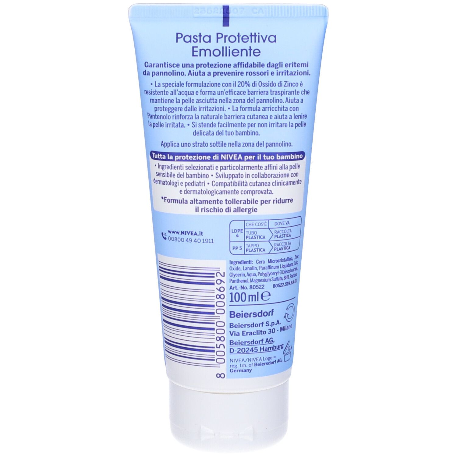 Retro del tubo blu. Testo: Pasta Protettiva Emolliente. Ingredienti, informazioni produttore e certificazioni.