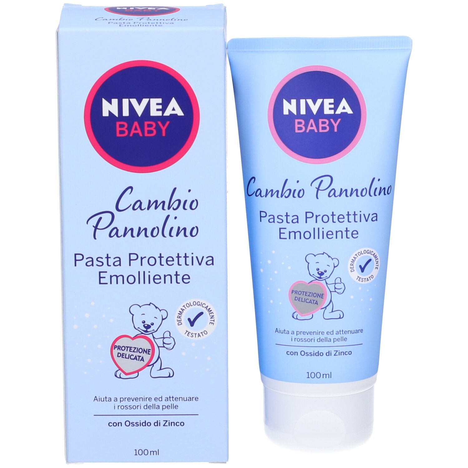 Confezione e tubo affiancati. Logo Nivea Baby, Cambio Pannolino Pasta Protettiva Emolliente. Illustrazione orsetto.