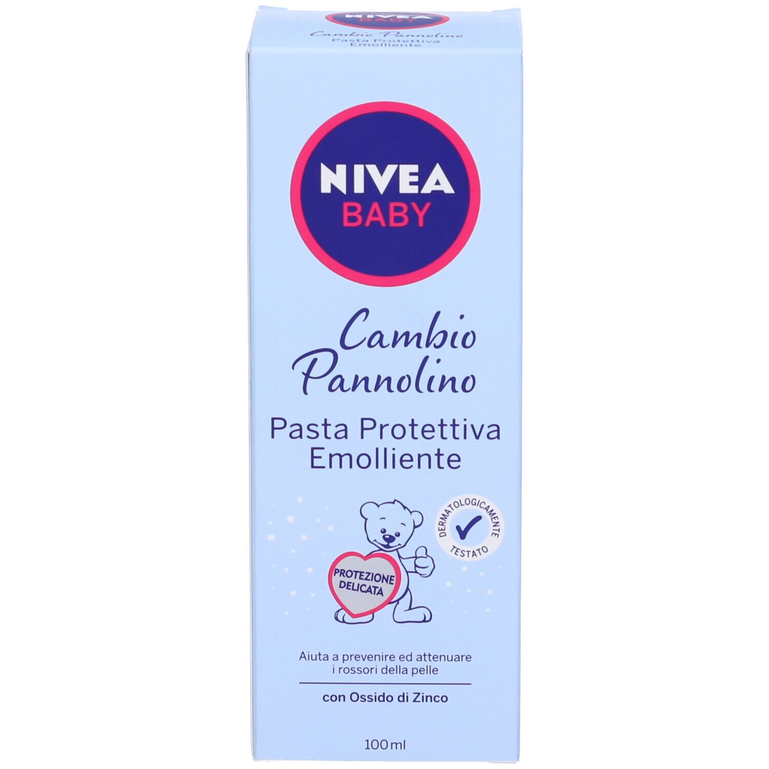 Confezione azzurra Nivea Baby. Scritta: Cambio Pannolino Pasta Protettiva Emolliente. Illustrazione orsetto.