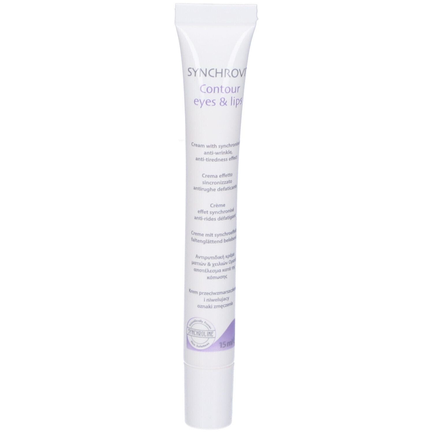 Tubo di crema bianco. Scritta: Synchrovit Contour eyes & lips. Effetto antirughe e antifatica. 15 ml.