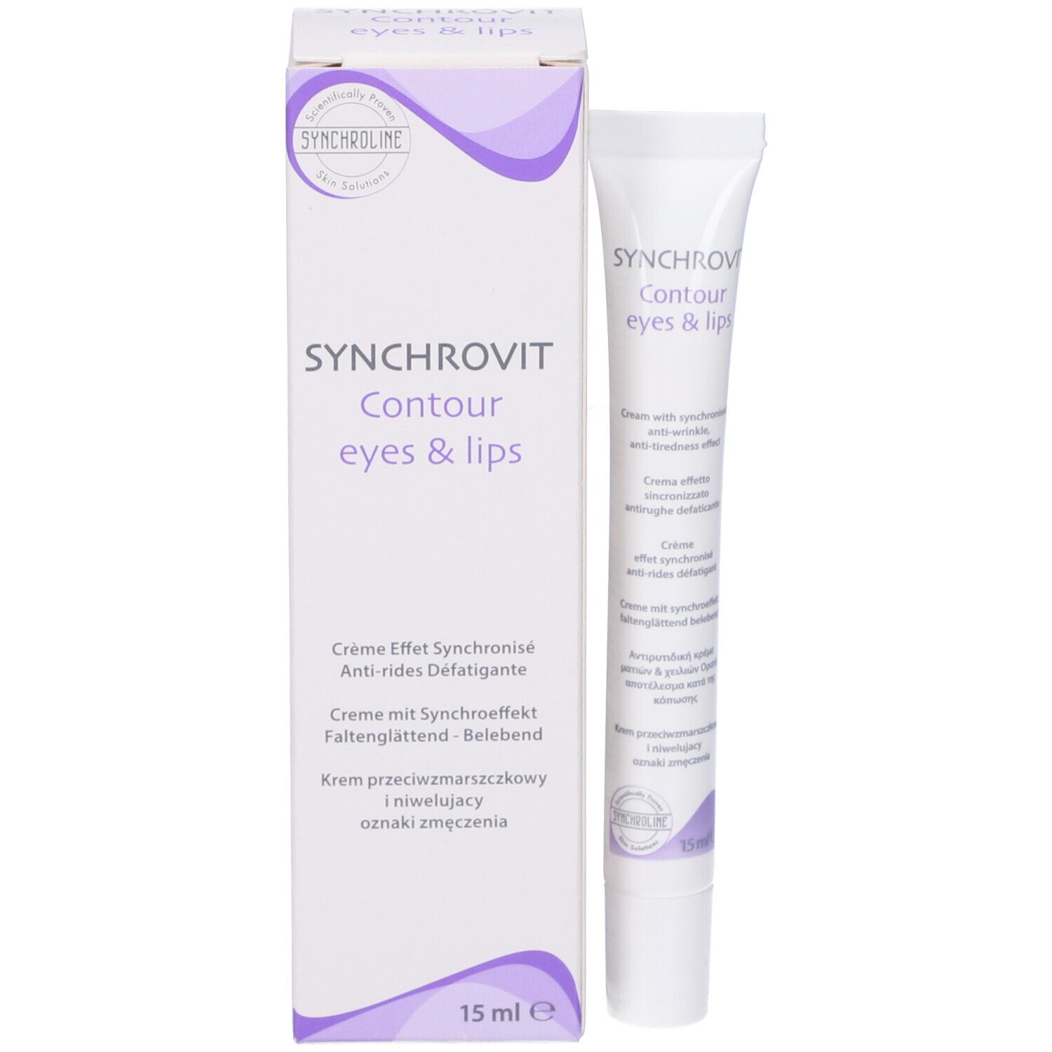 Confezione e tubo di crema. Scritta: Synchrovit Contour eyes & lips. 15 ml. Effetto antirughe e antifatica.