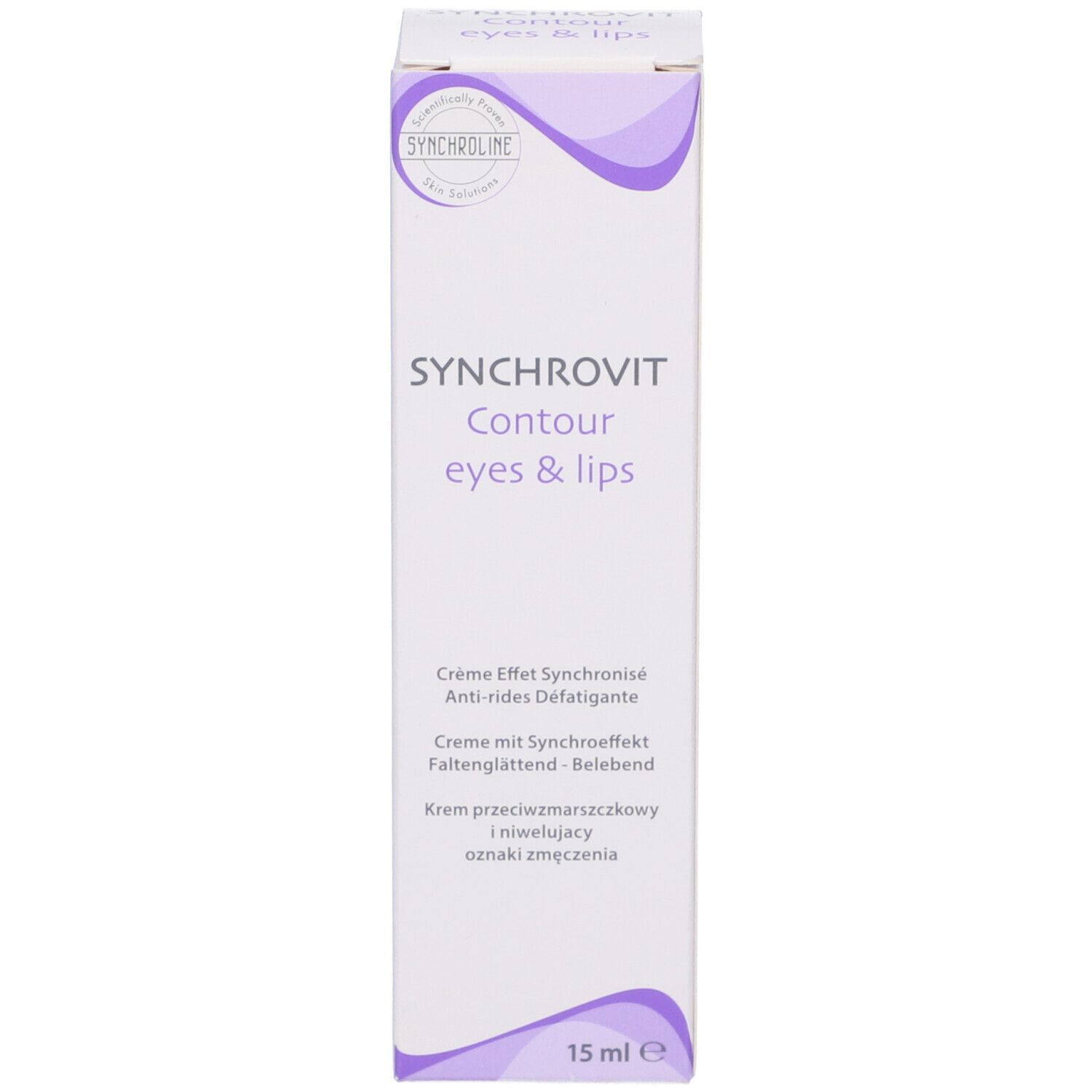 Confezione del prodotto. Scritta: Synchrovit Contour eyes & lips. 15 ml. Effetto antirughe e antifatica.