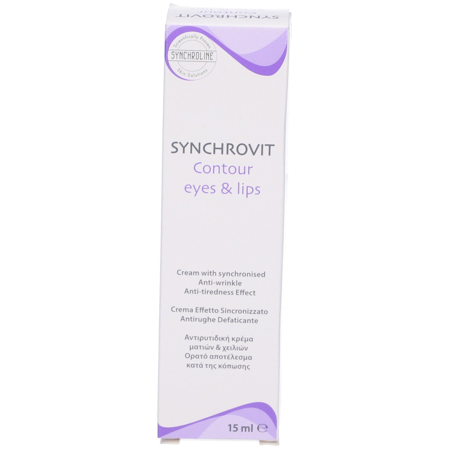 Confezione del prodotto. Scritta: Synchrovit Contour eyes & lips. 15 ml. Effetto antirughe e antifatica.