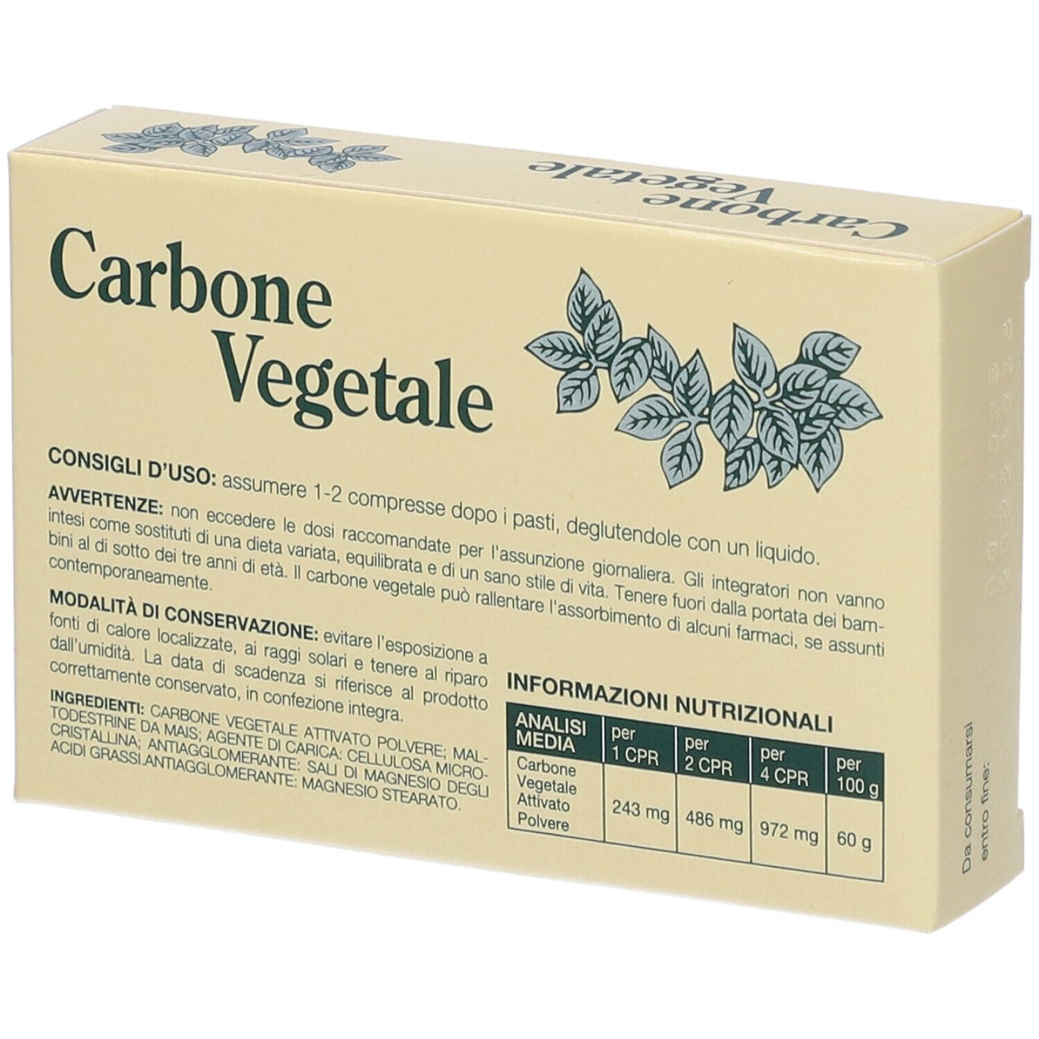 Retro della scatola di compresse Carbone Vegetale. Scritte: Carbone Vegetale, ingredienti, informazioni nutrizionali.