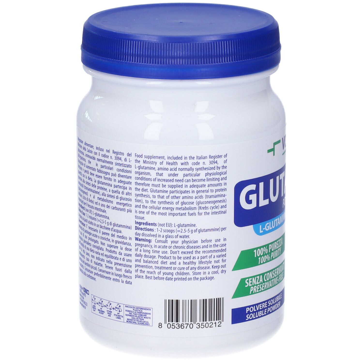 Retro del barattolo di polvere bianco con coperchio blu. Informazioni testuali, ingredienti, istruzioni per l'uso. Codice a barre e logo VOLCHEM.