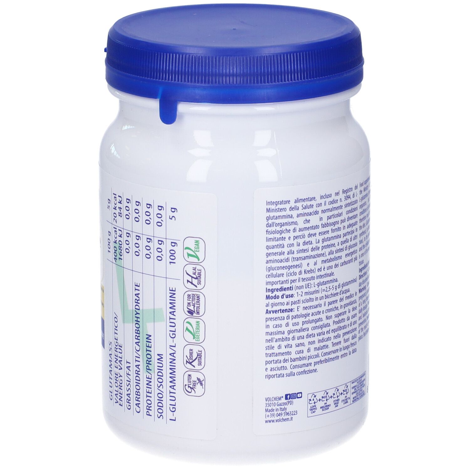 Retro del barattolo di polvere bianco con coperchio blu. Tabella nutrizionale. Informazioni su energia, grassi, carboidrati, proteine e sodio.